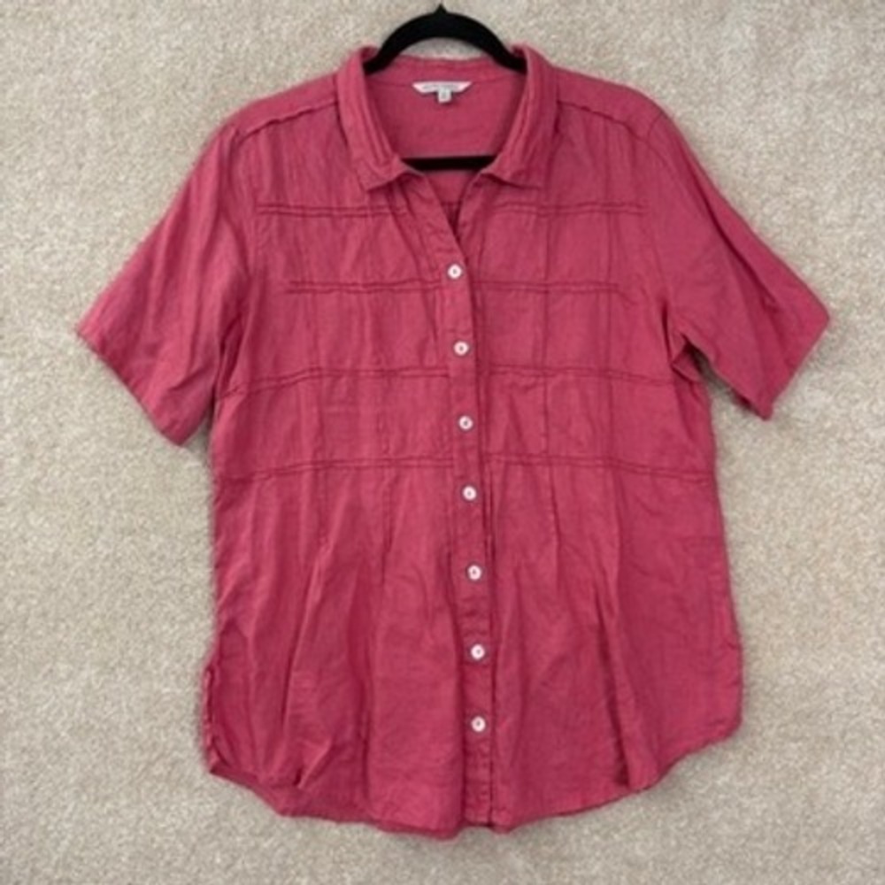JOHN MARK Shirt Women's Medium Pink 100% Linen Button Down Short Sleeve